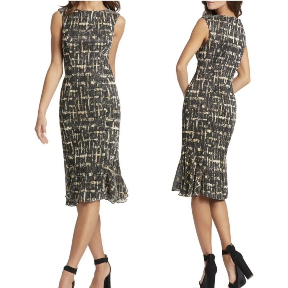Ieena for Mac Duggal Gold Black Metallic Midi Dress (Size 8) SALE!